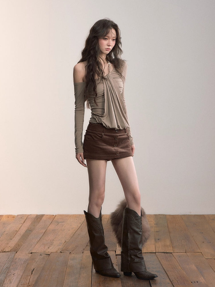 Asymmetric Off-Shoulder Faux Two-Piece T-shirt