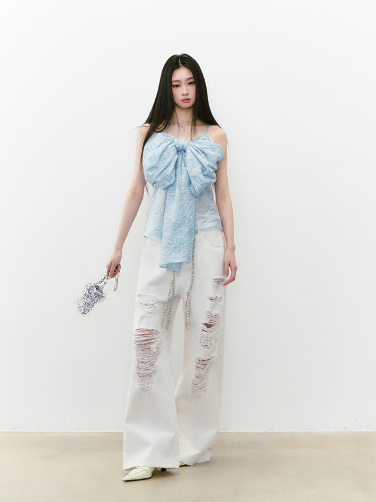 White Rhinestones Ripped Jeans