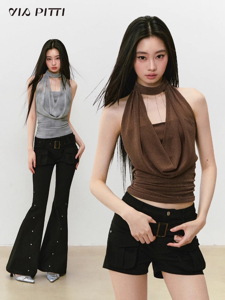 Chain Swing-neck Halter Neckline-gathered Waist Tank Top