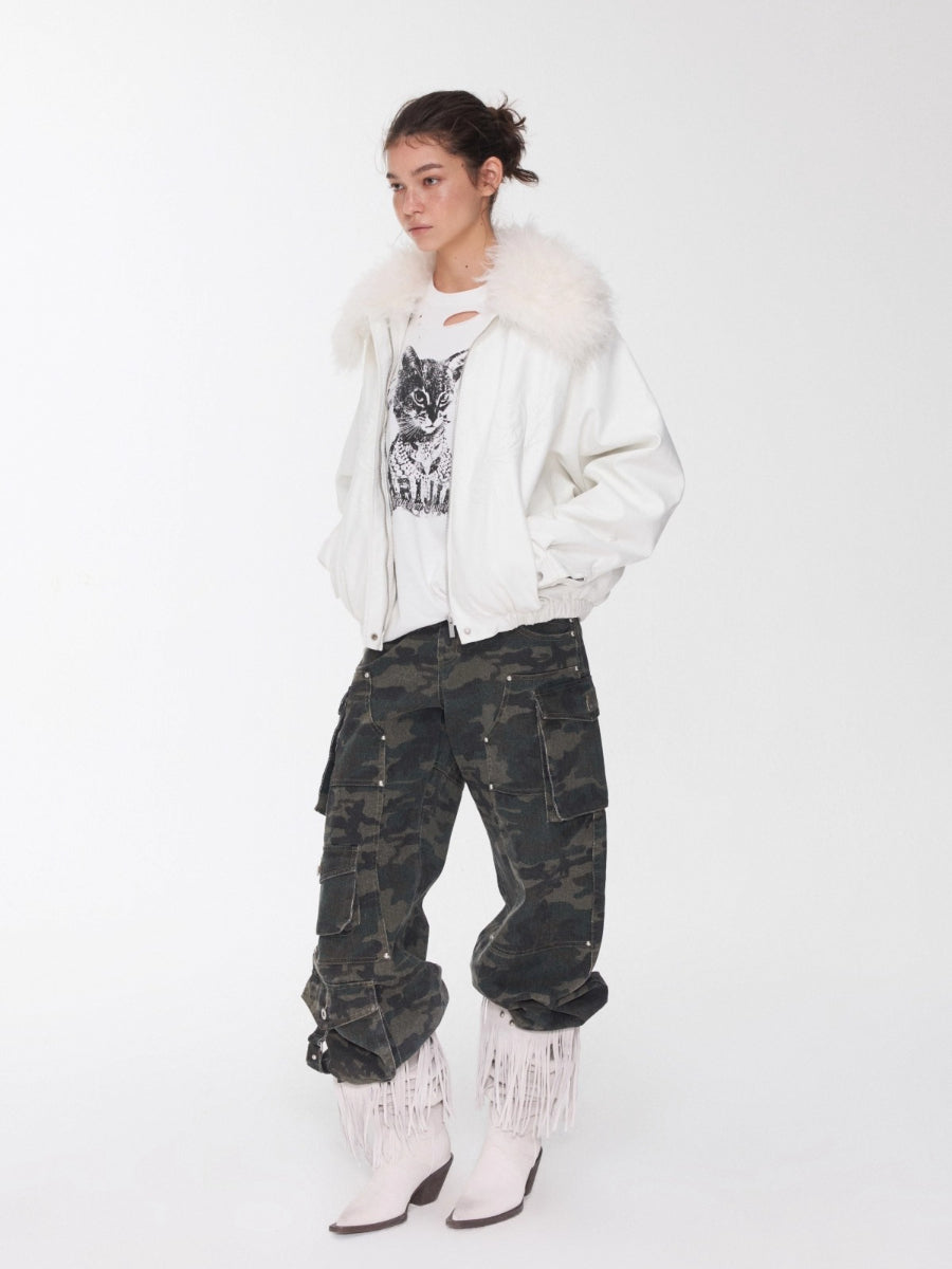 Embroidered Faux Fur Collar Leather Jacket