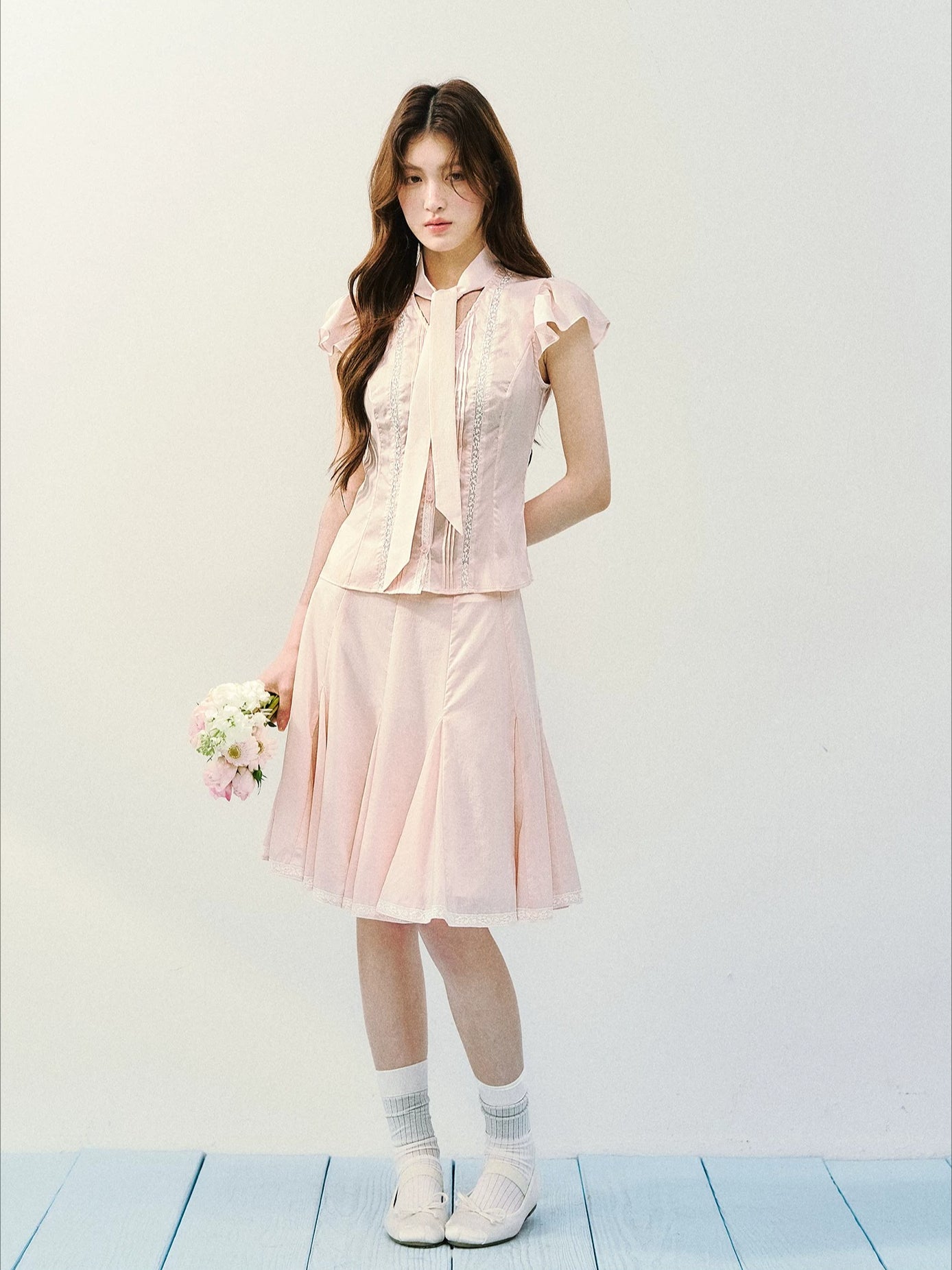 Silk Tie Blouse & Skirt Set
