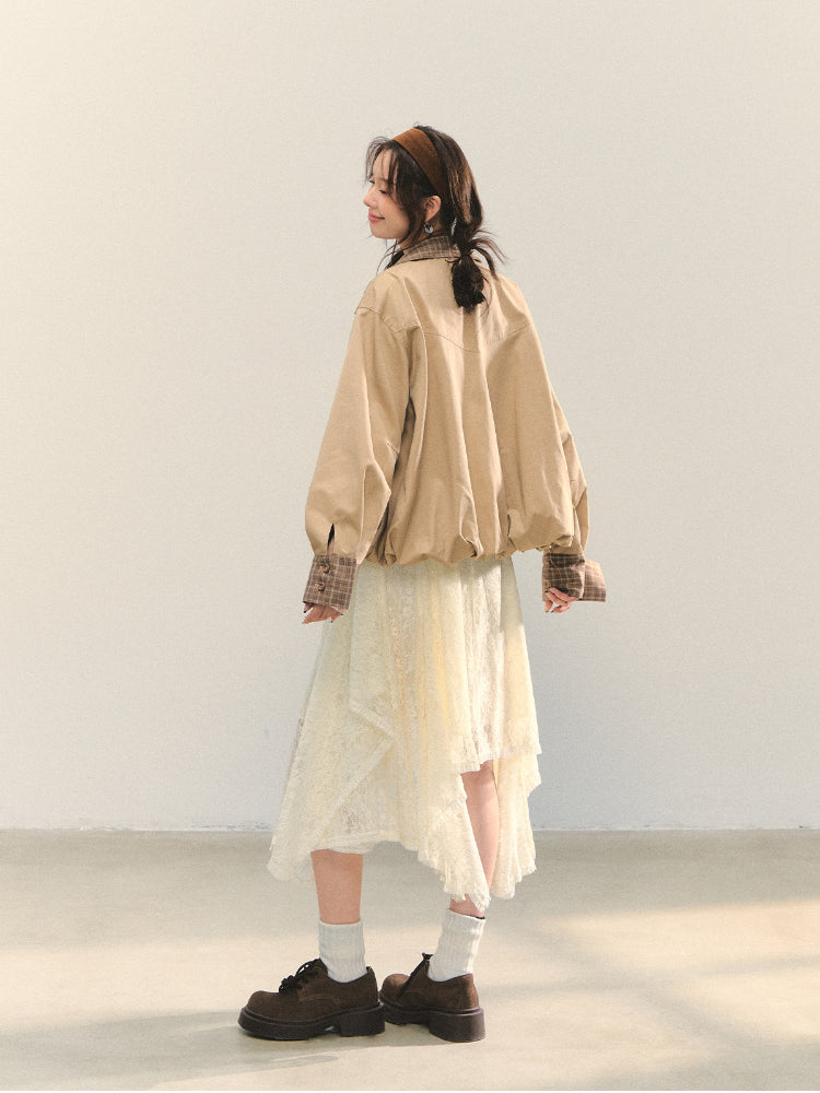 Beige Lace Irregular Hem Midi Skirt