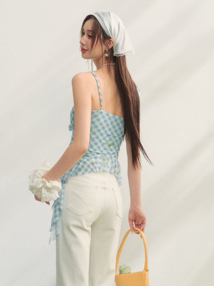 Blue Checkered Ruffled Print Slip Top