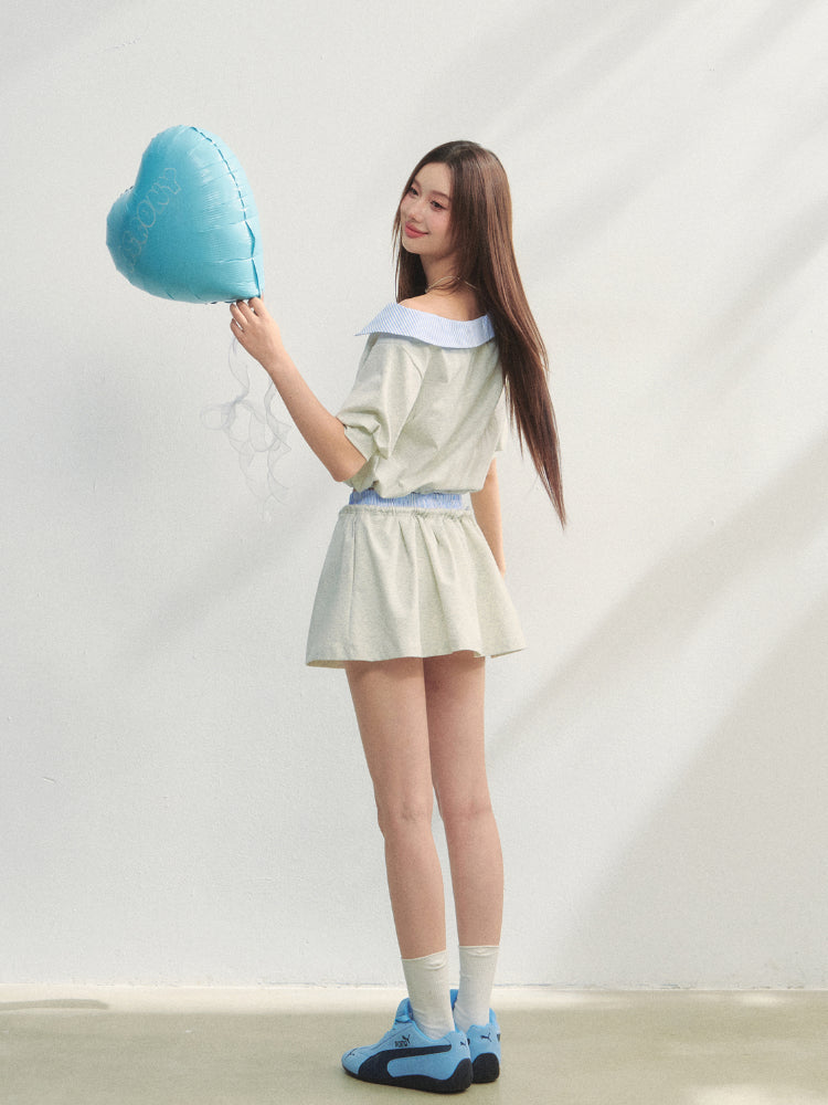 Grey Asymmetric Shoulder Striped Patchwork Short-Sleeve & Skirt Set