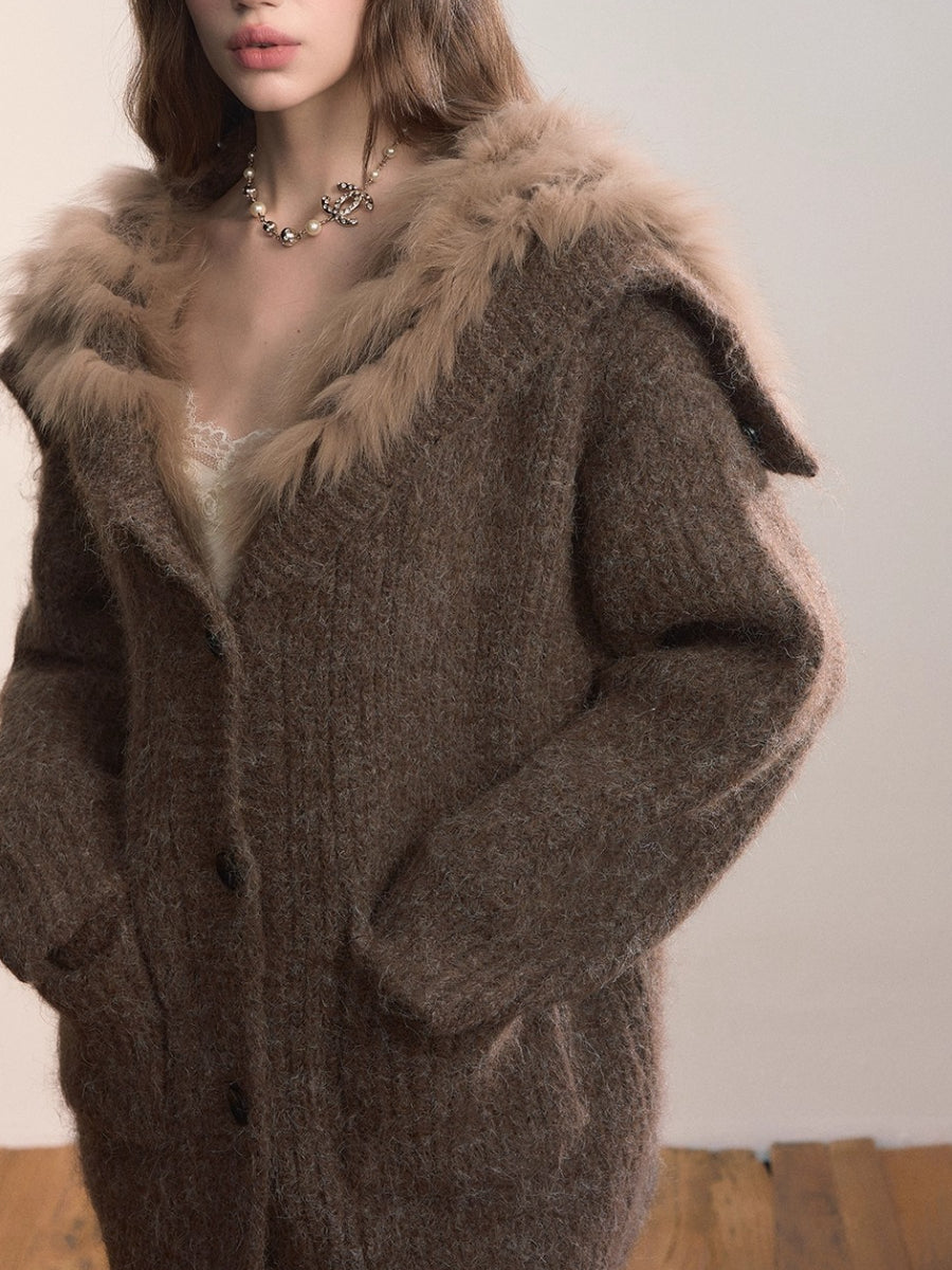 Fox Fur Large Notch Collar Cardigan