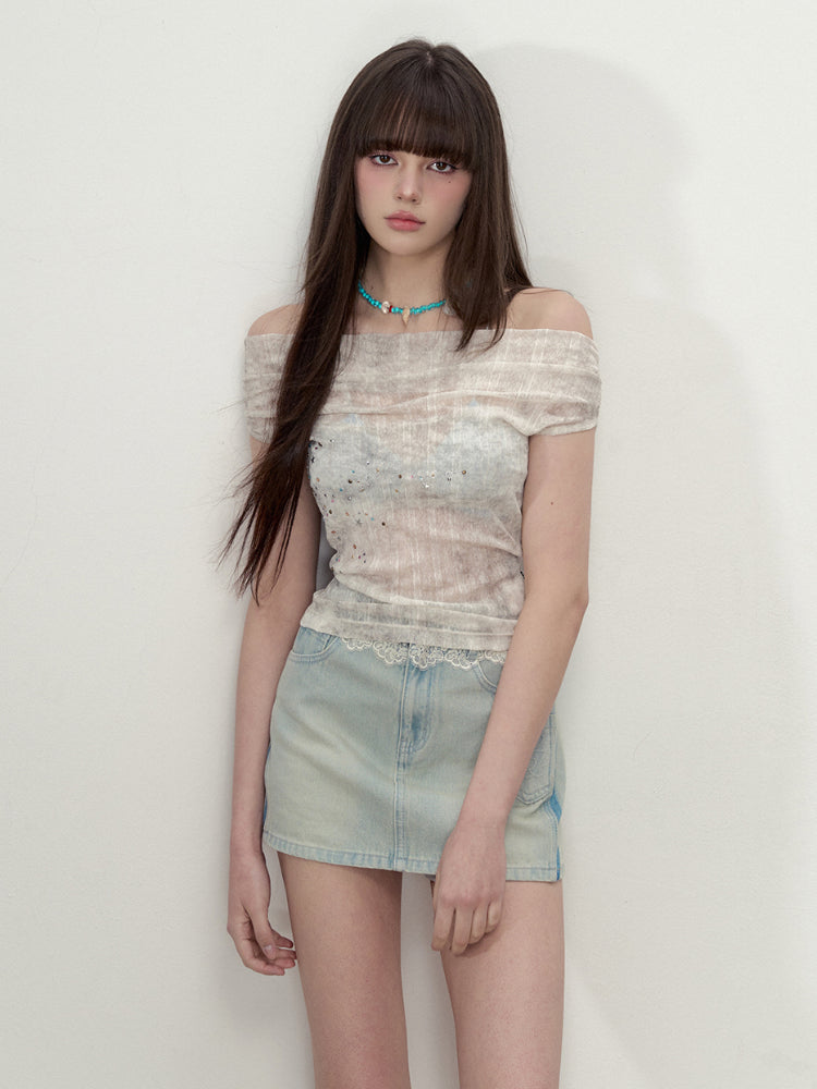 Colorful Rhinestone One-Shoulder Top T-shirt