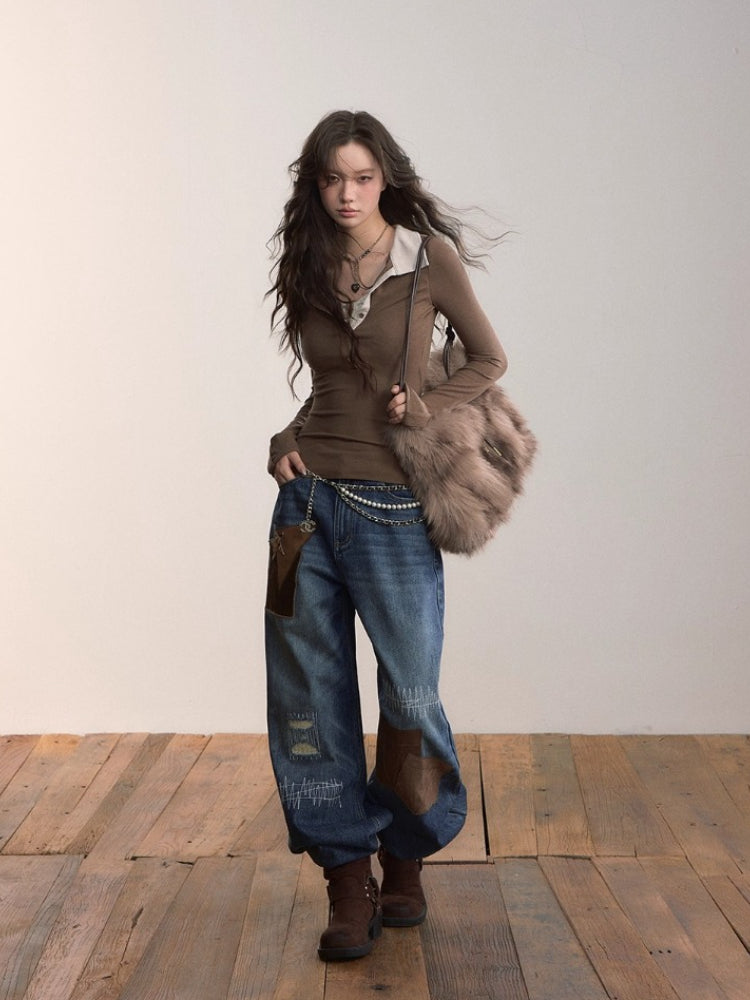 Patchwork Contrast Straight-Leg Jeans