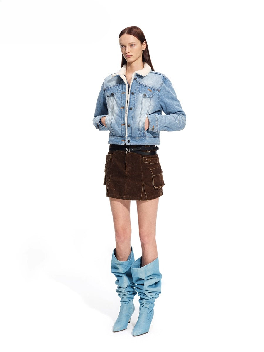 "Rose Series" Washed Denim Low-Rise Mini Skirt