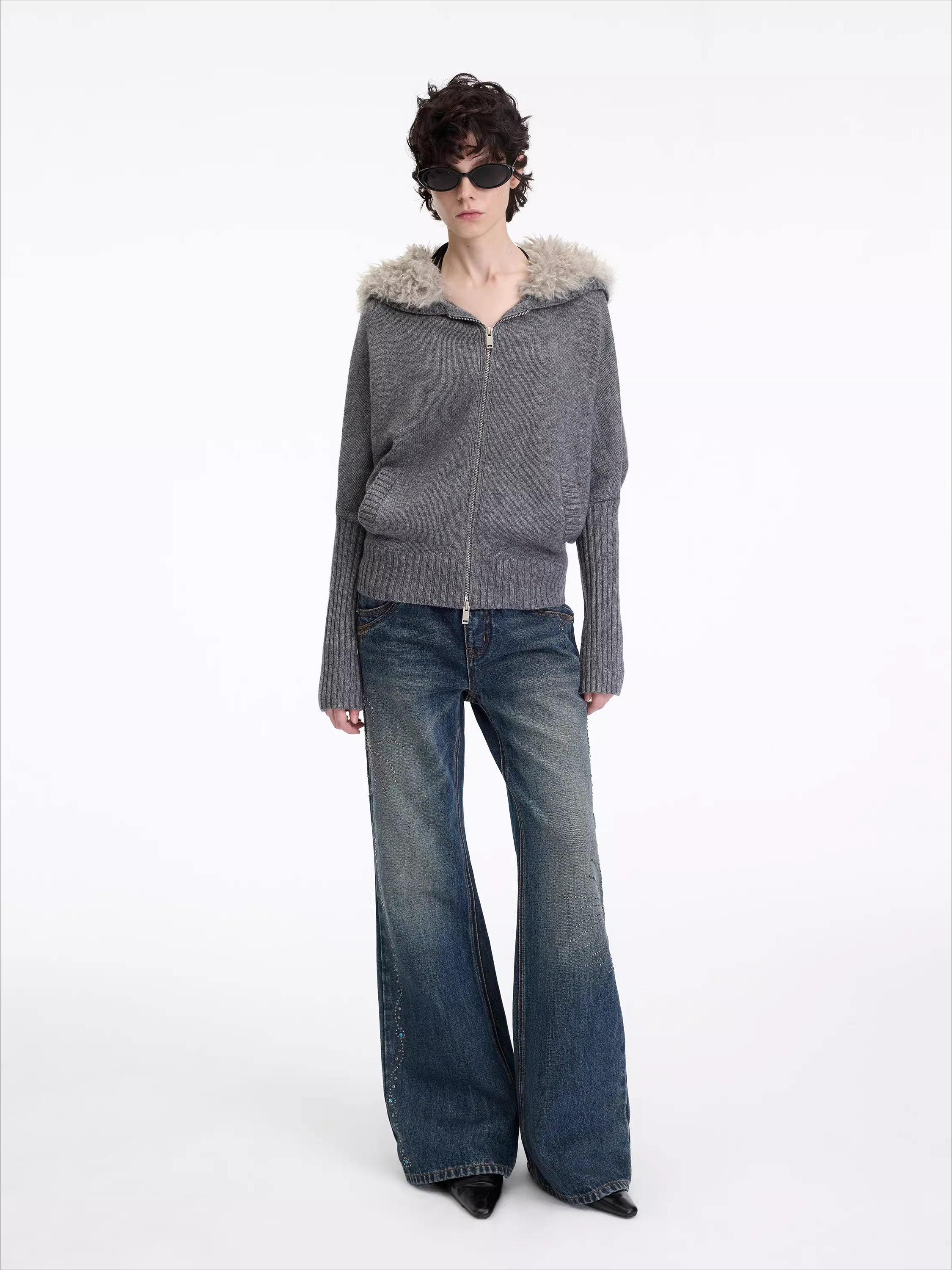 Hooded Fur Collar Knit Cardigan