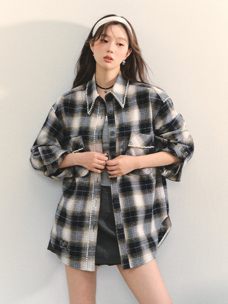 Pearl-Trimmed Polo-Neck Checkered Shirt