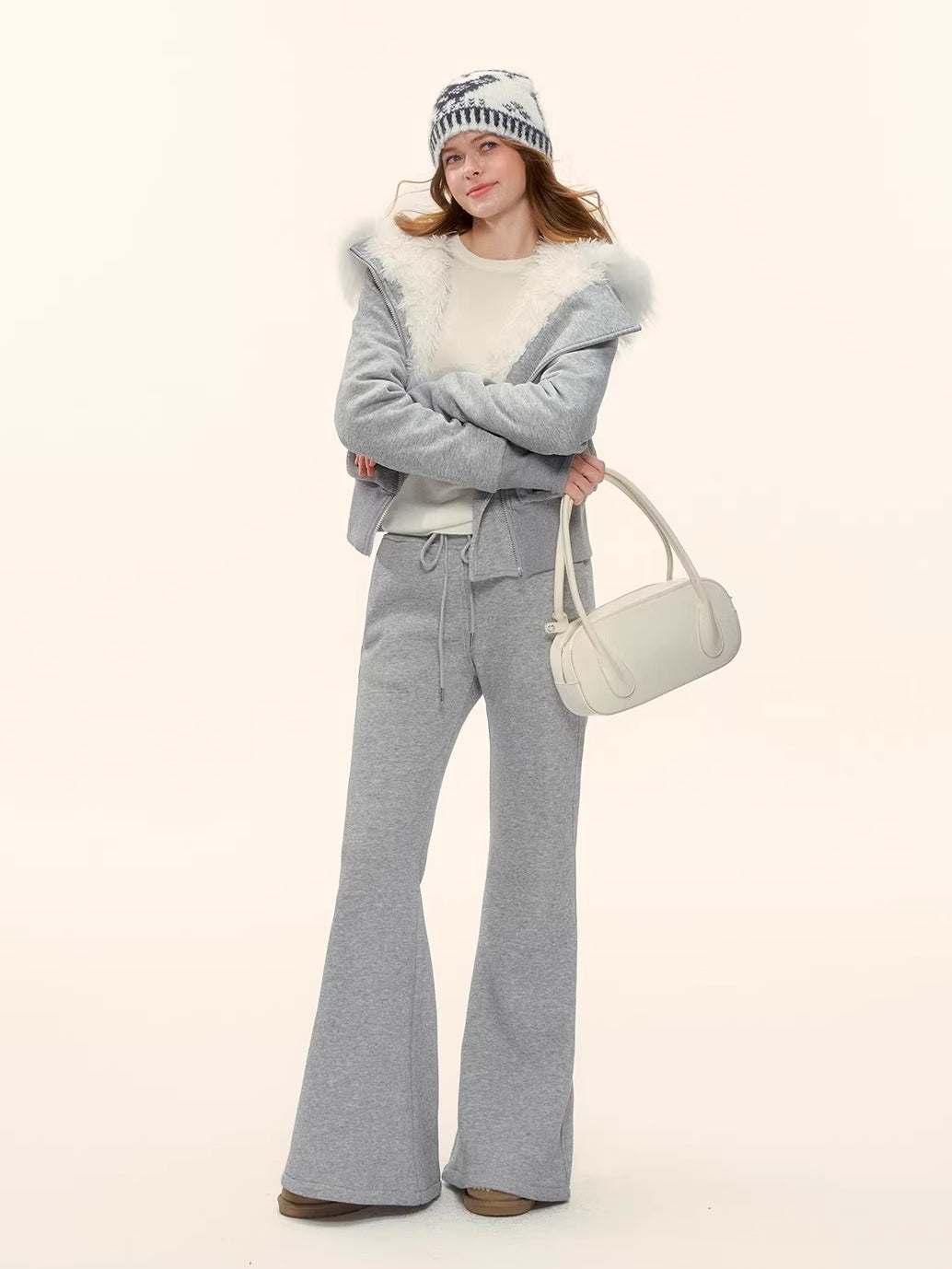 Fleece Waist-Tightening Fur Hoodie & Pants Set