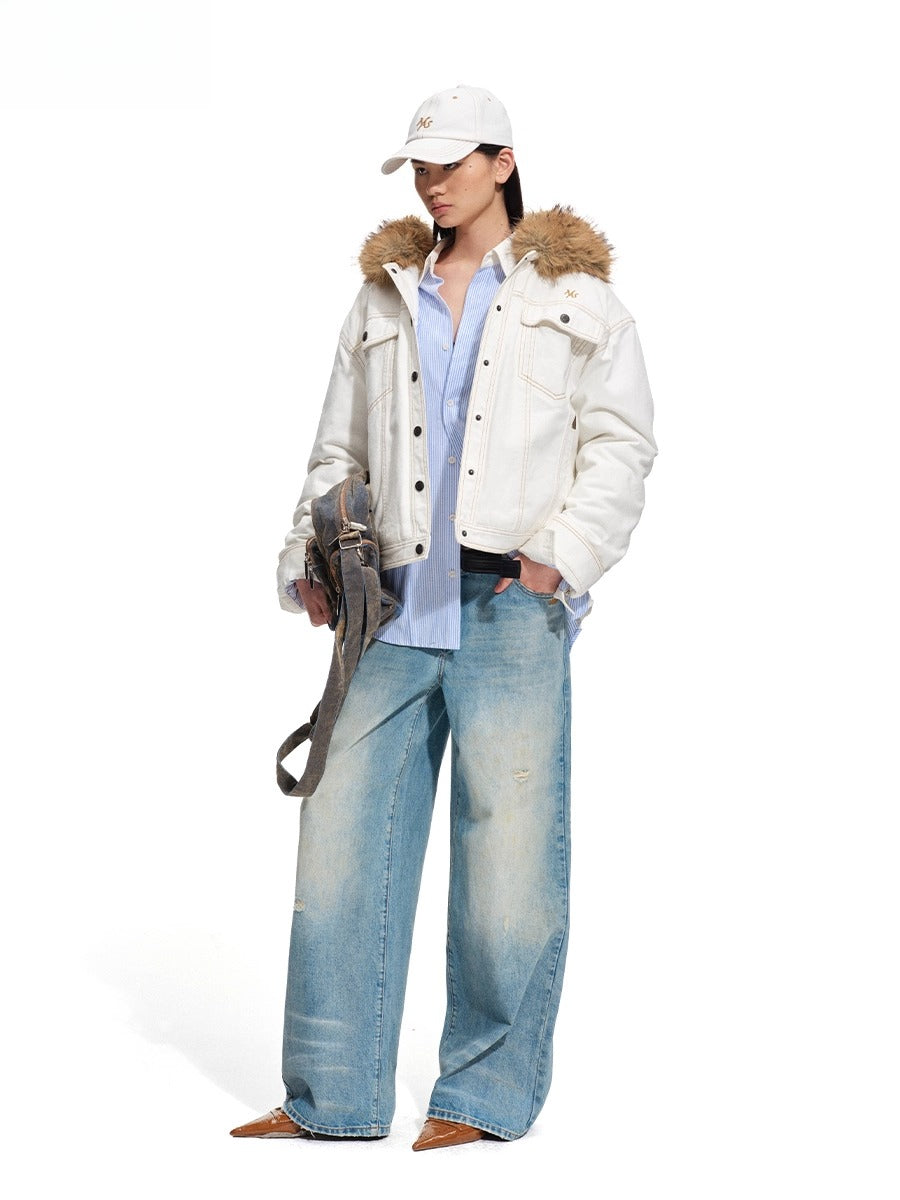 Polar Cotton Eco Fox Fur Collar Denim Jacket