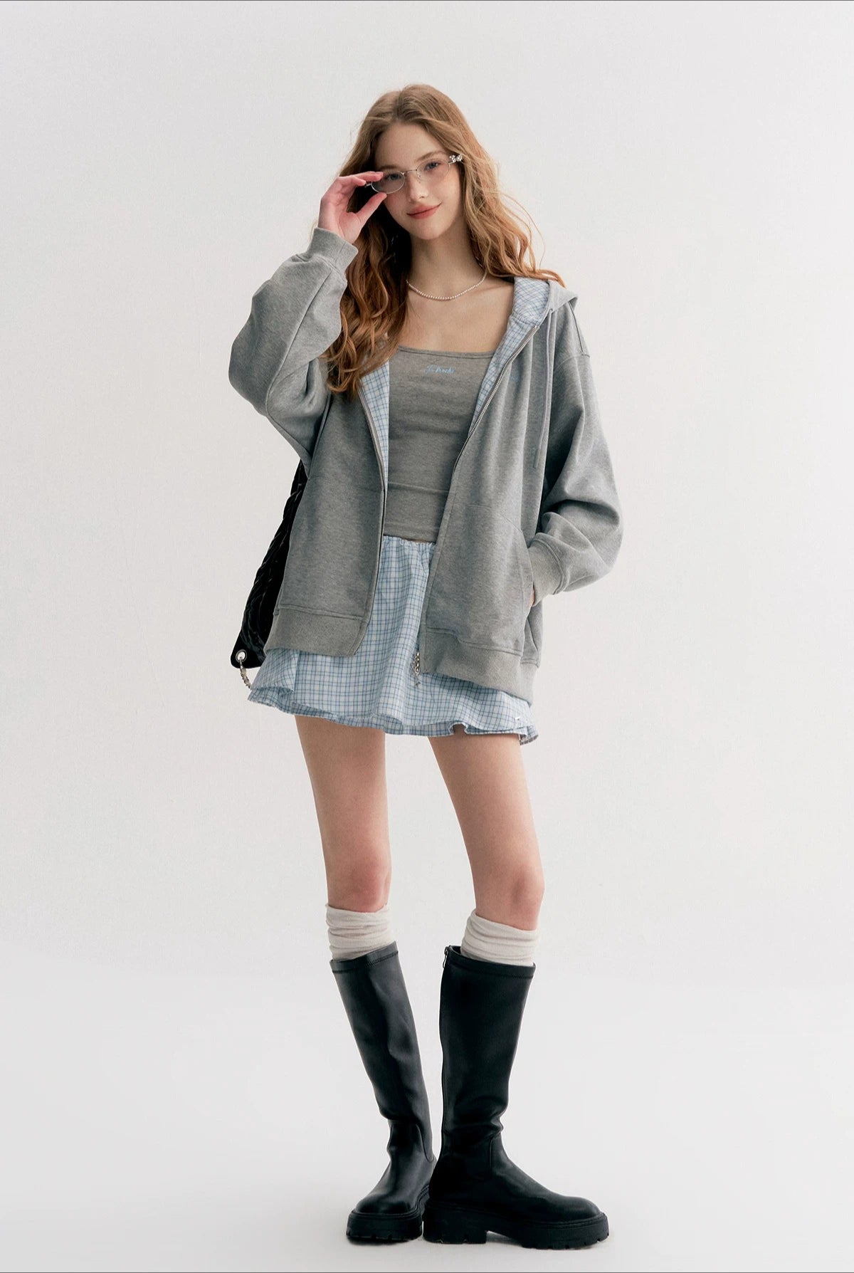 Gray Plaid Hoodie Three-Piece Set