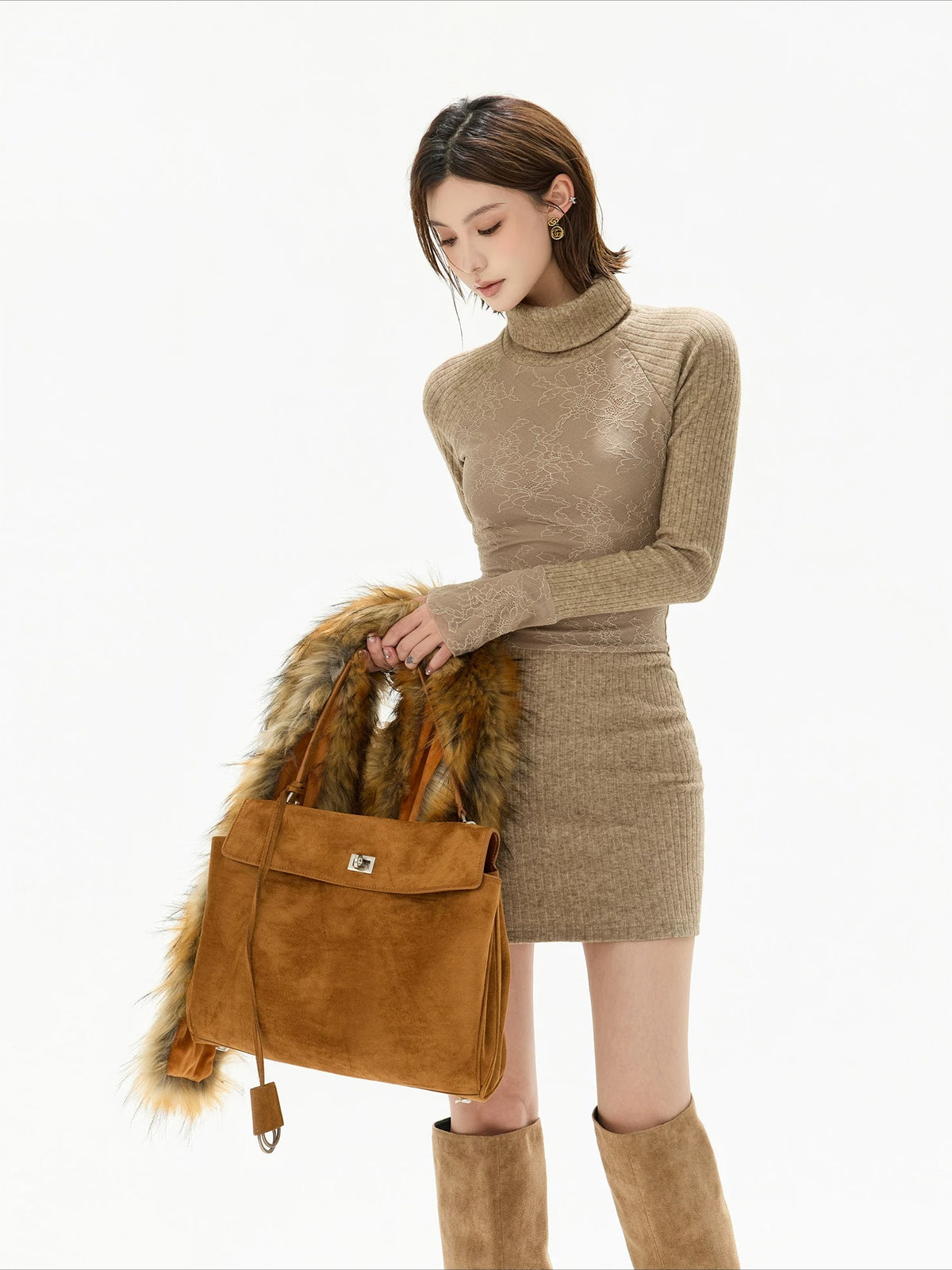 Camel Lace High Neck Knit Dress