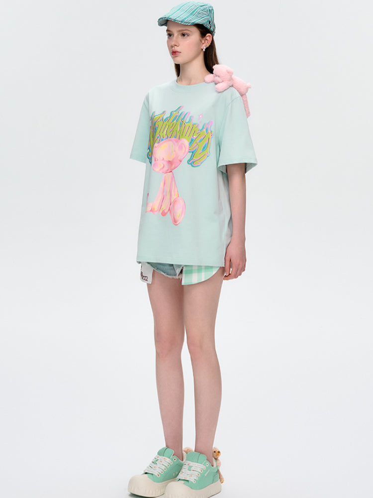 Illustrated Colorful Bear Round-Neck T-Shirt