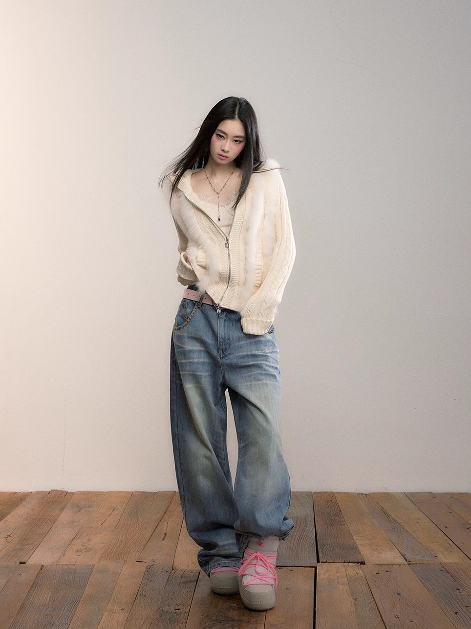 Fox Trim Hooded Knit Cardigan