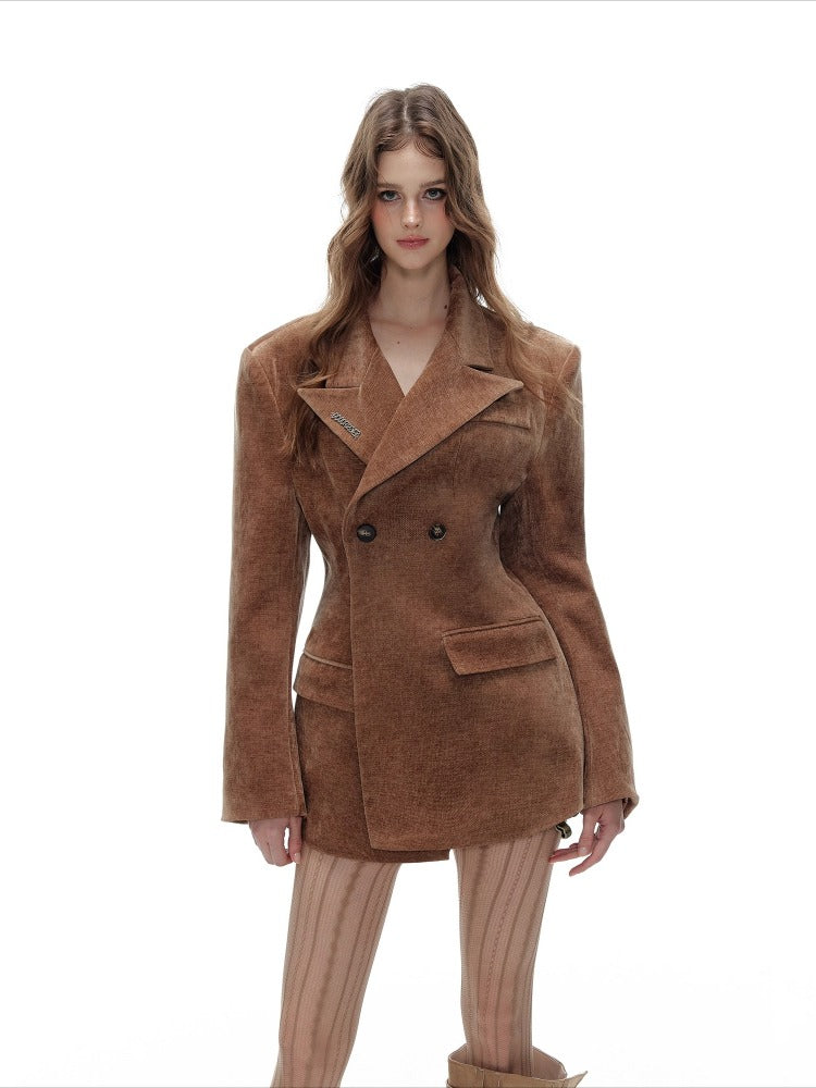 Velvet-Like Waist-Cinching Blazer