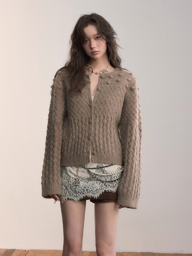 Pom-Pom Textured Knit Cardigan