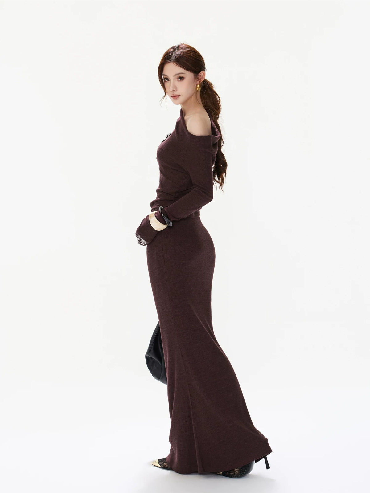 Purple Lace Ruched Top & Skirt Set