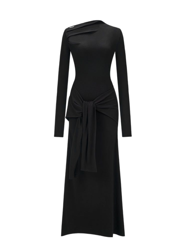 Black & Gray Asymmetric Tie-Waist Slim Dress