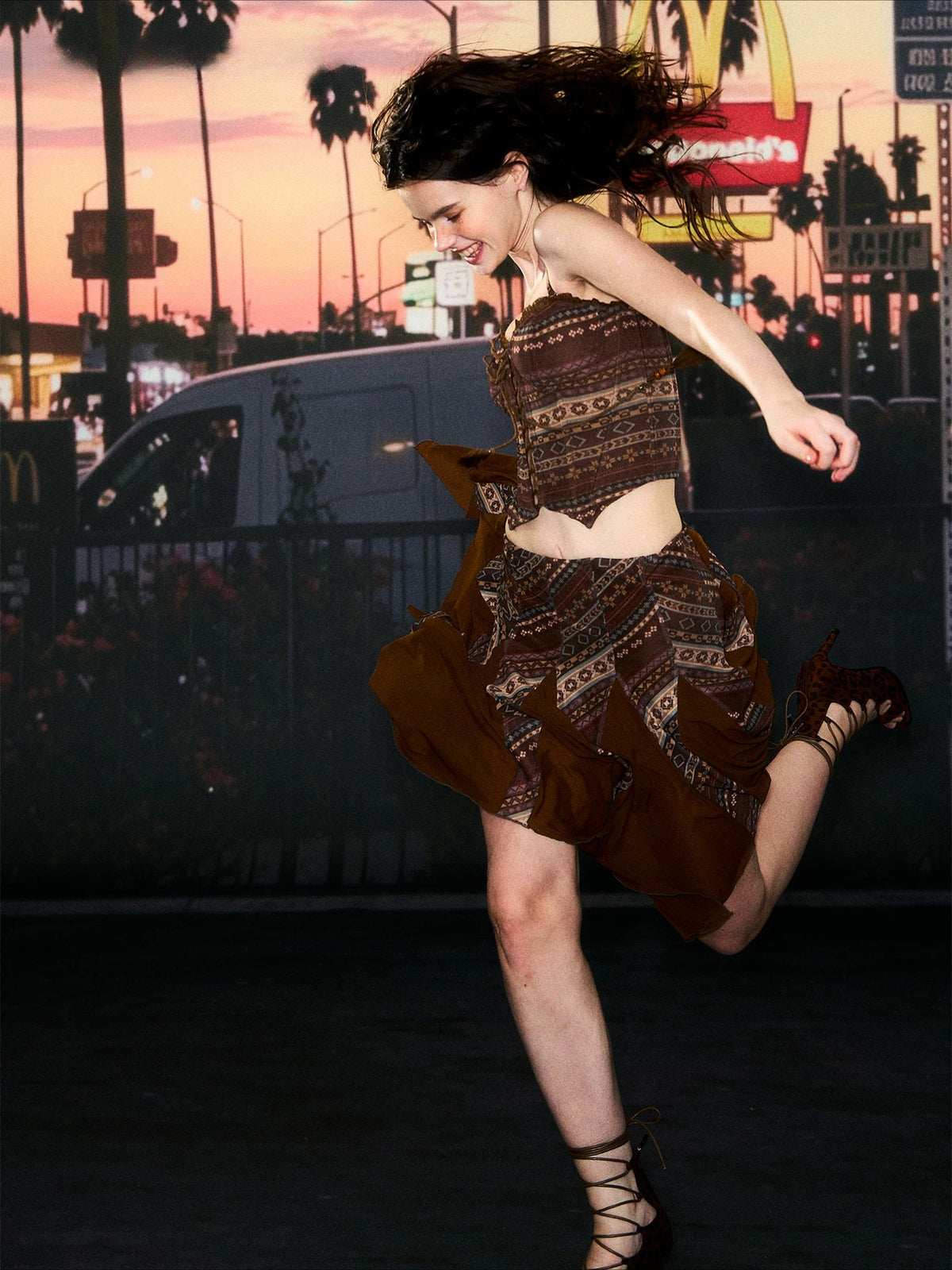 Brown Boho Corset Skirt Set