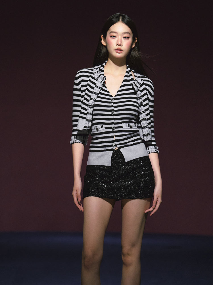 Contrast Stripe Halter Camisole Tank Top & Cardigan Set