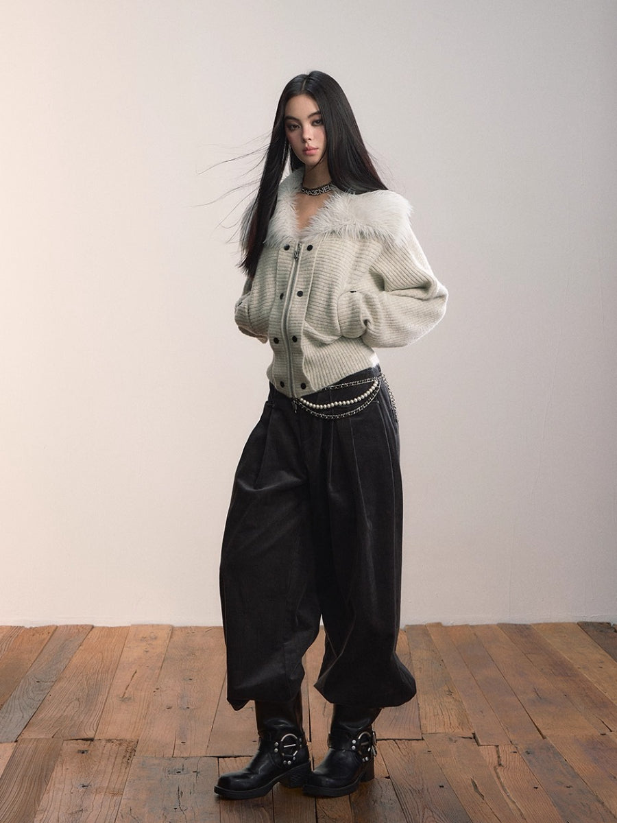 Dark Gray Pleated Corduroy Retro Casual Trousers
