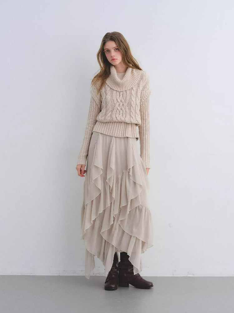 Cable Knit Mock Two-Piece Turtleneck Sweater