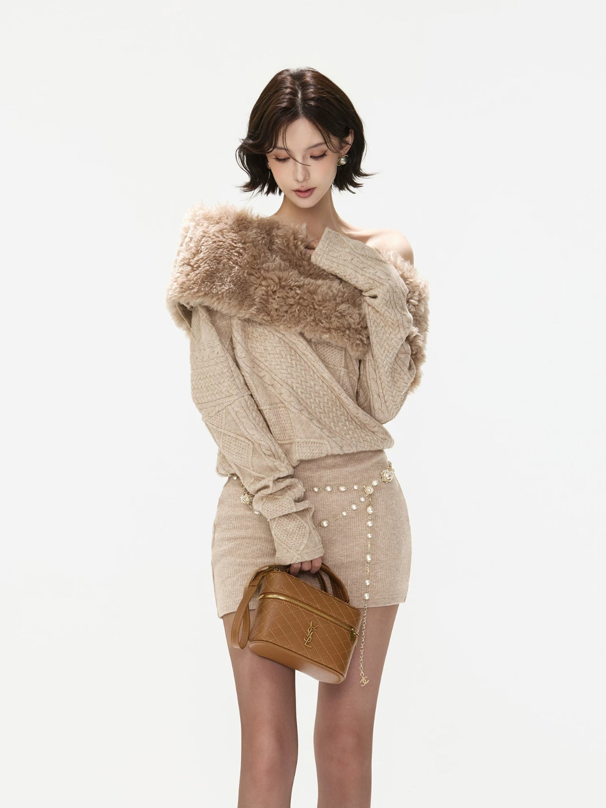 Asymmetric Fur Trim Cable Knit Dress
