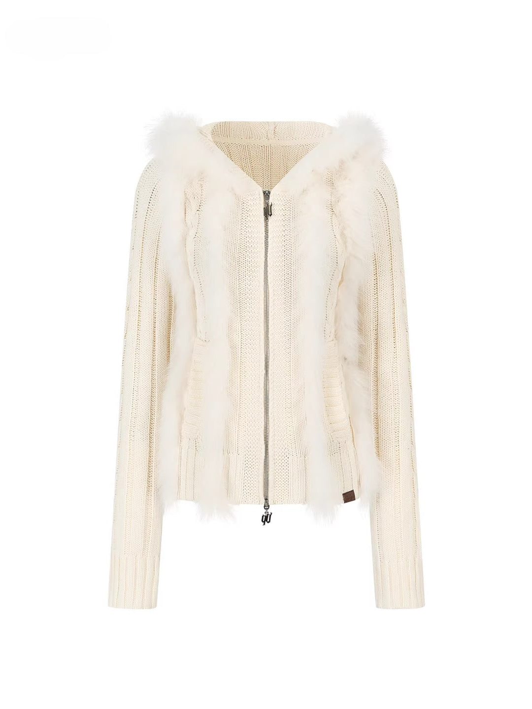 Fox Trim Hooded Knit Cardigan