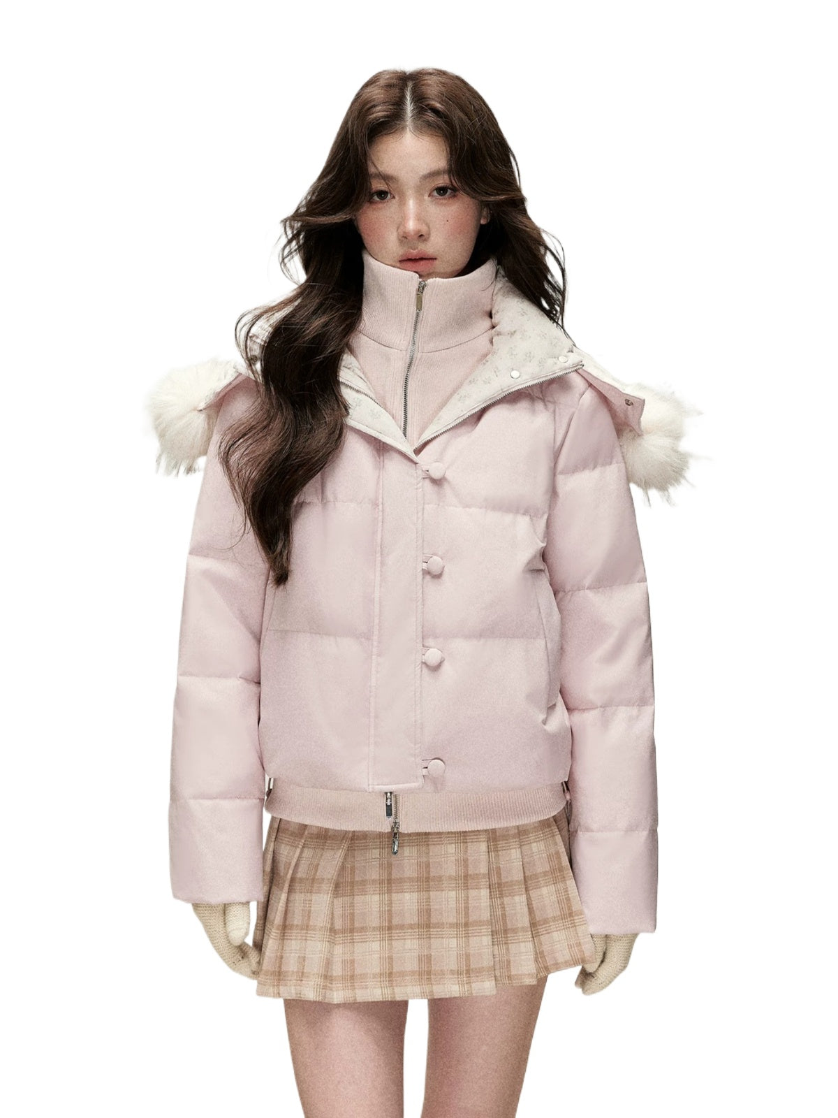 Faux Layered Fur-Trim Hooded Down Jacket
