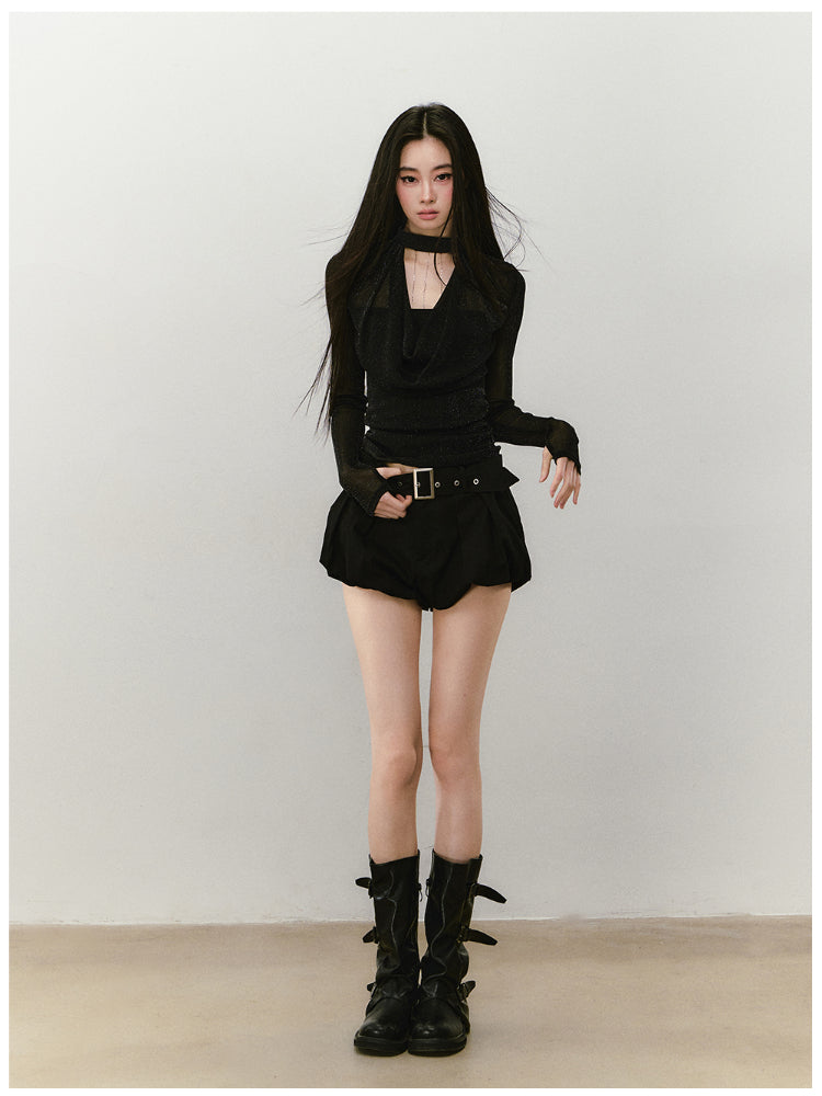 Chain Halter Draped Neck Fitted T-shirt