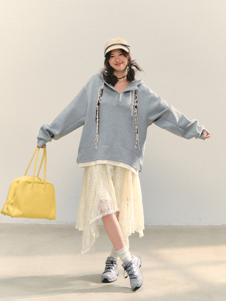 Beige Lace Irregular Hem Midi Skirt