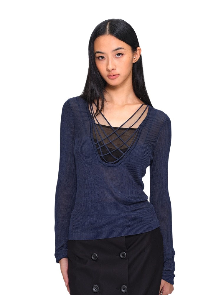 Two-Tone Viscose Hand-Threaded Mock-Layer Sweater