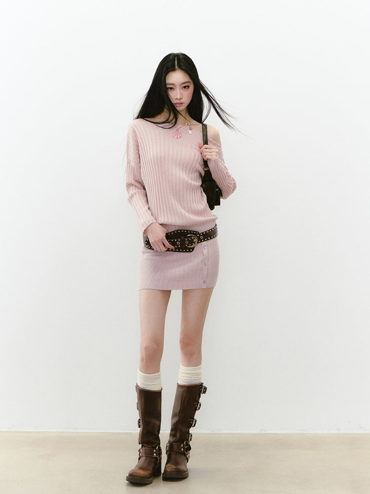 Off-Shoulder Slant Shoulder Button Dress