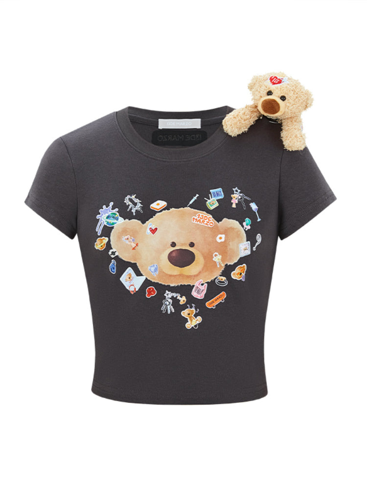 Sticker Bear Head Crew Neck Cotton T-shirt