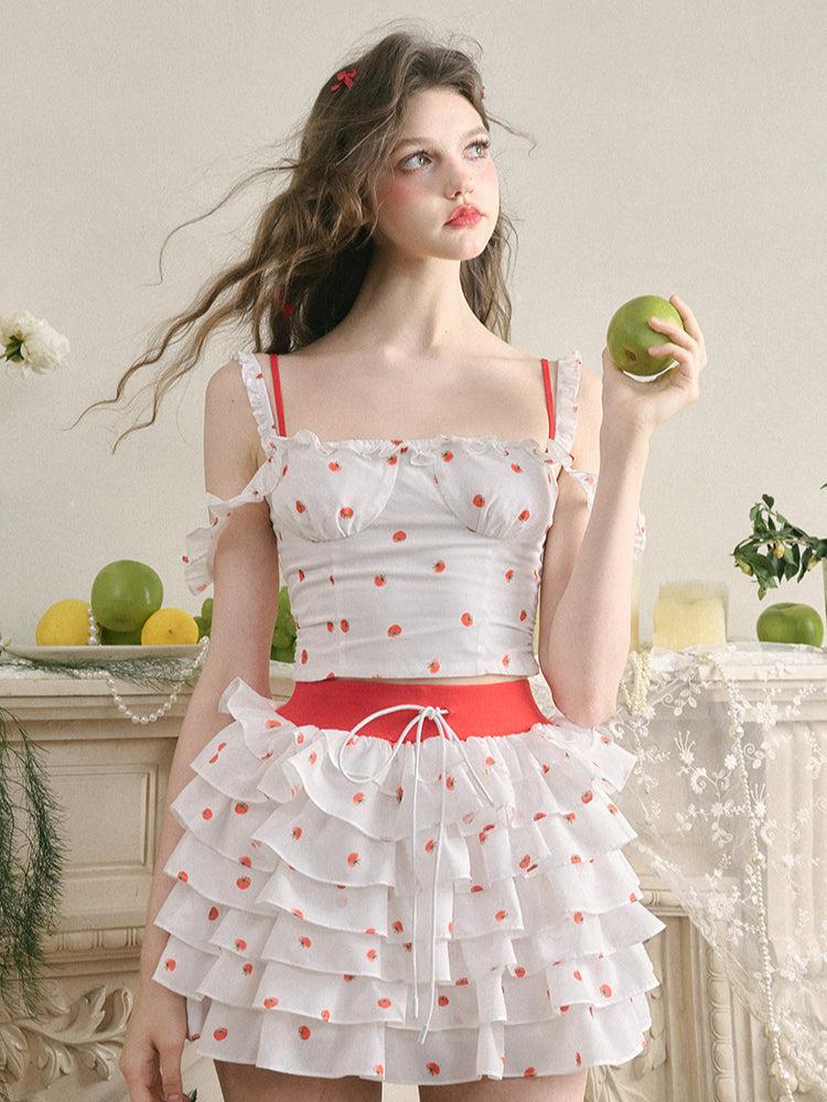 White Tomato Print Layered Skirt