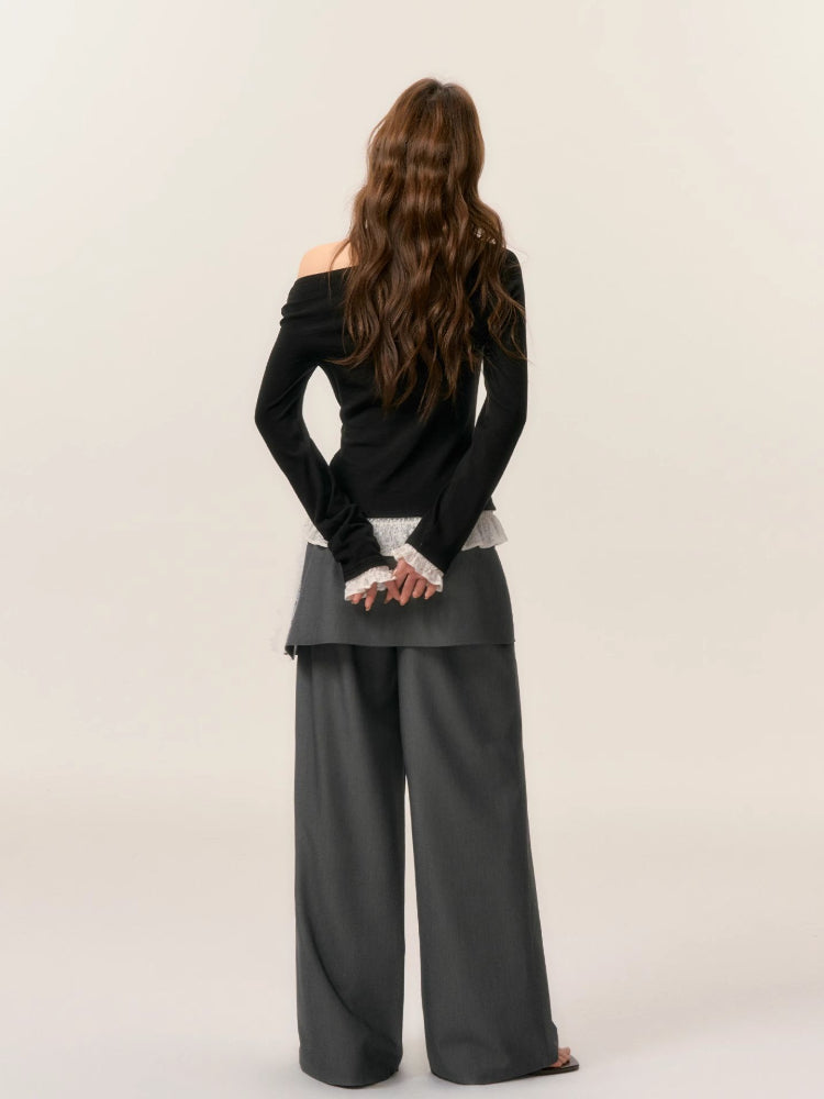 Patchwork Fake Two-Piece Wide-Leg Suit Pants