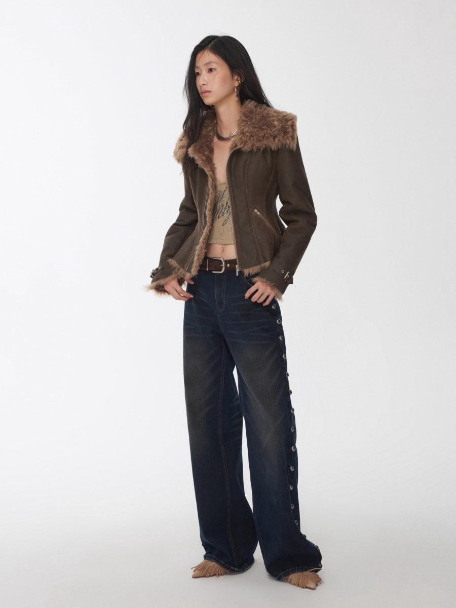 Washed Faux Shearling Fitted Jacket