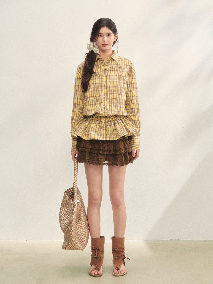Ruffled Hem Waist-Cinching Checked Shirt
