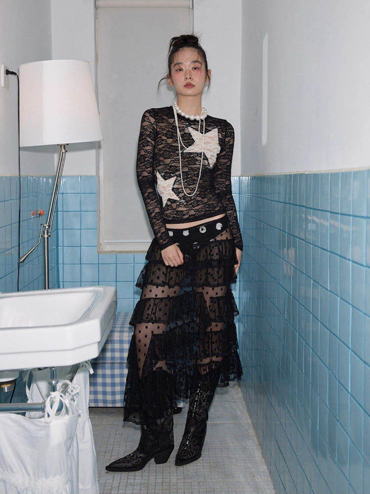 Vintage Contrast Star Patch Lace Slim Long Sleeve Top