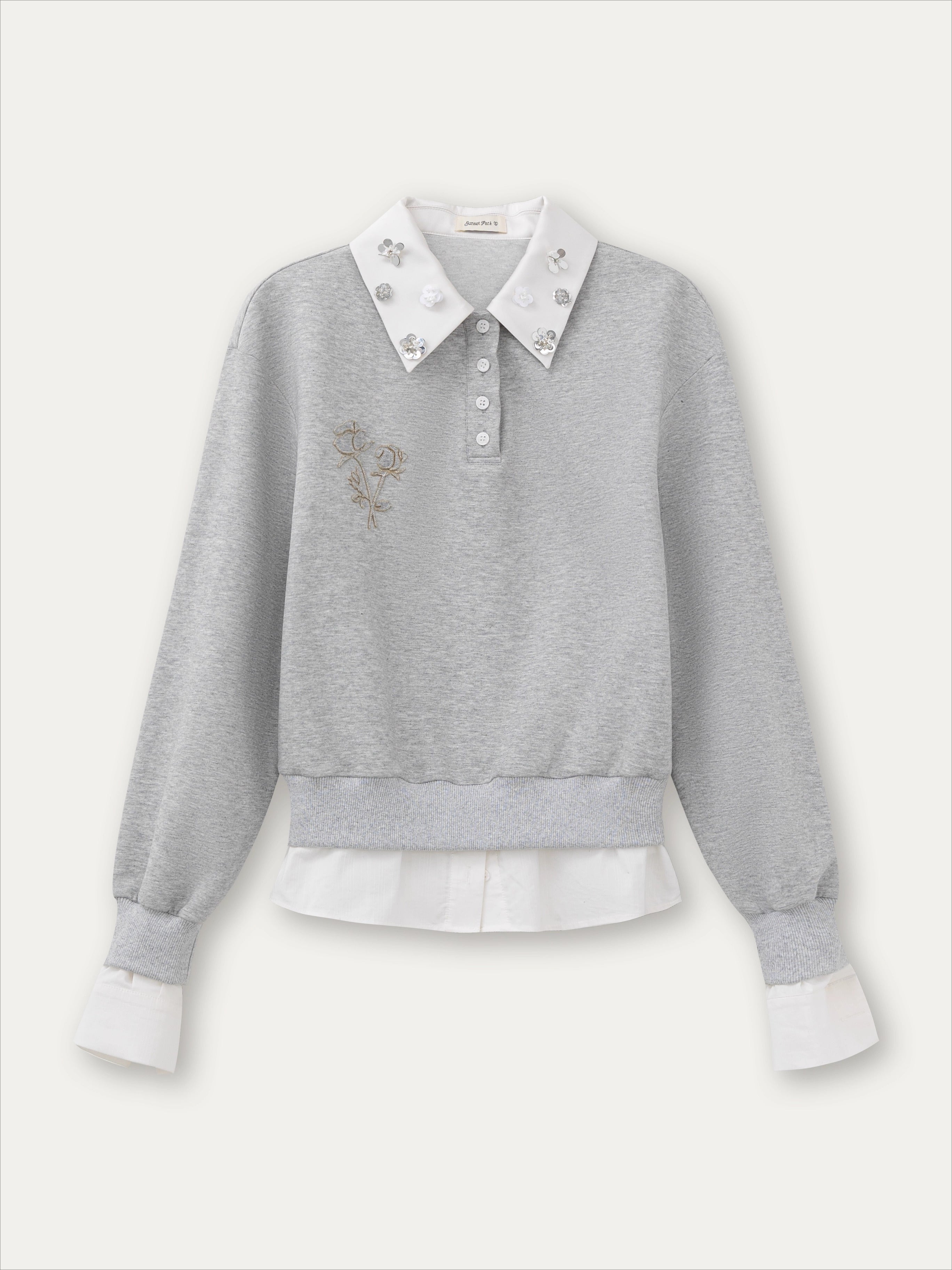 Layered Rose Crystal Collar 2-in-1 Sweatshirt
