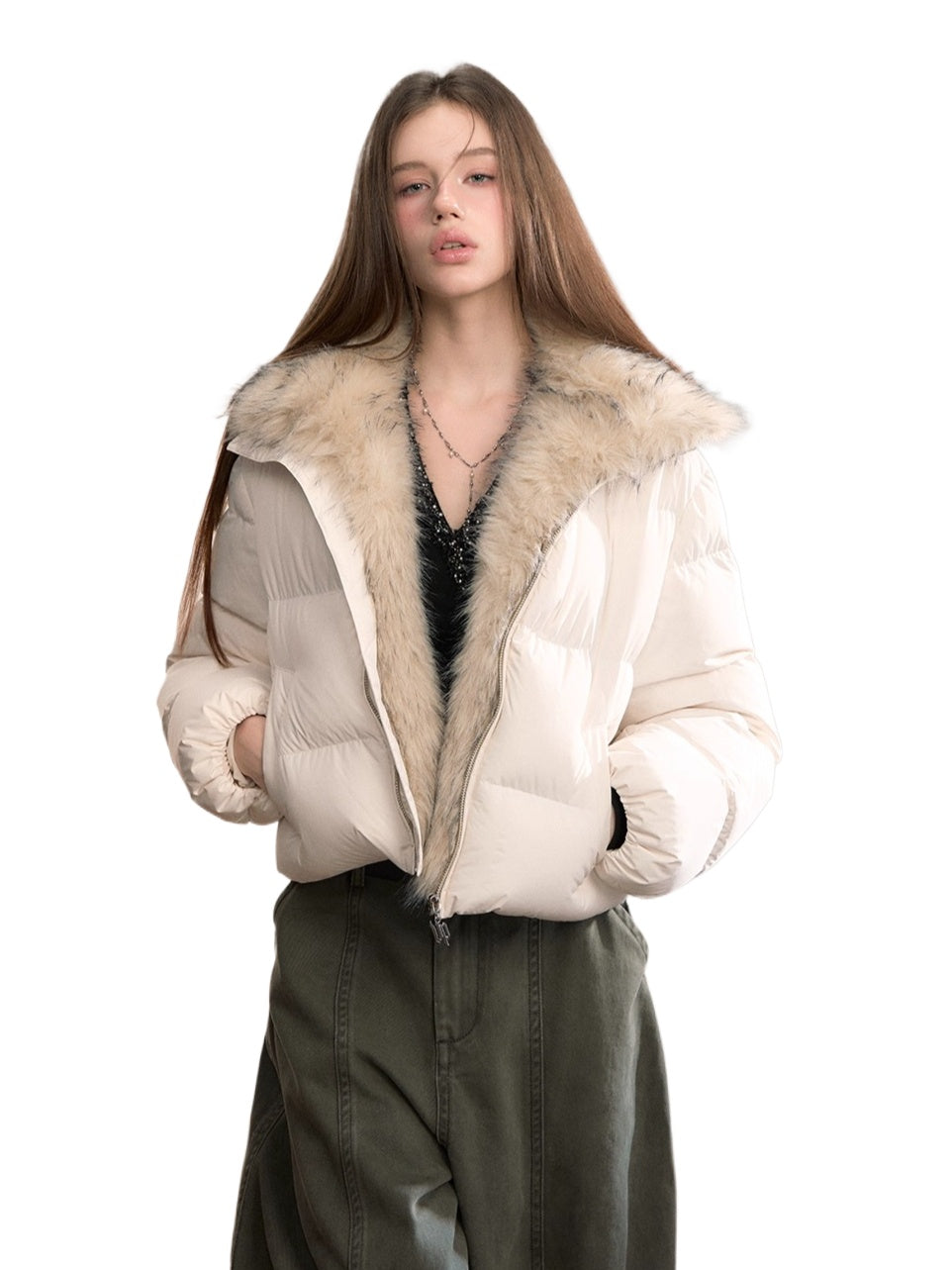 Colorblock Detachable Fur Down Jacket