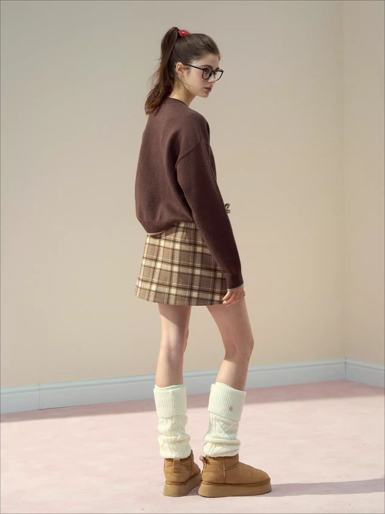 Pink & Brown Plaid A-line Wool Skirt
