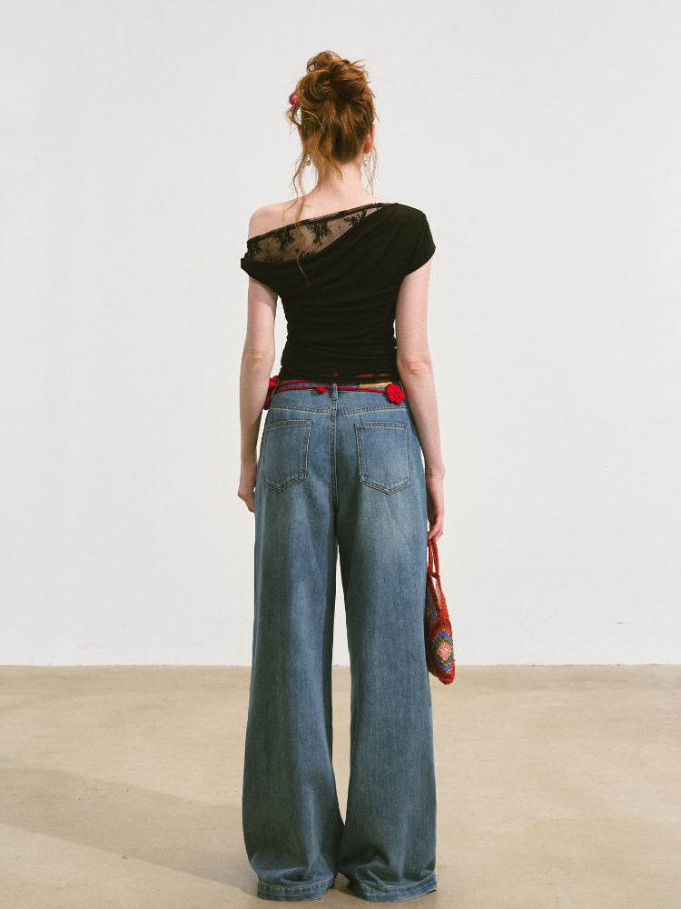 Raw-edge Flower-Patch Straight-leg Jeans