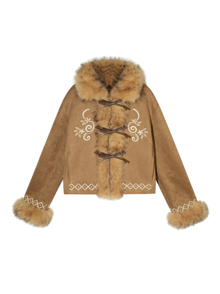 Embroidered Faux Fur Trim Jacket