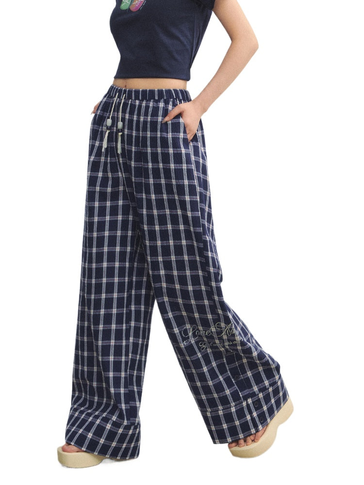 Checkered Strappy Rhinestone Turn-Up Straight-Leg Pants