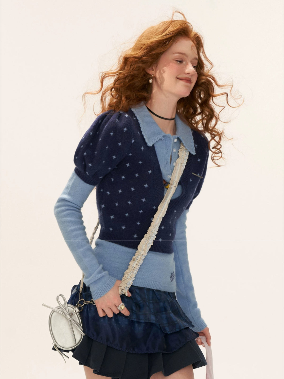 Crochet V-Neck Puff Sleeve Knit