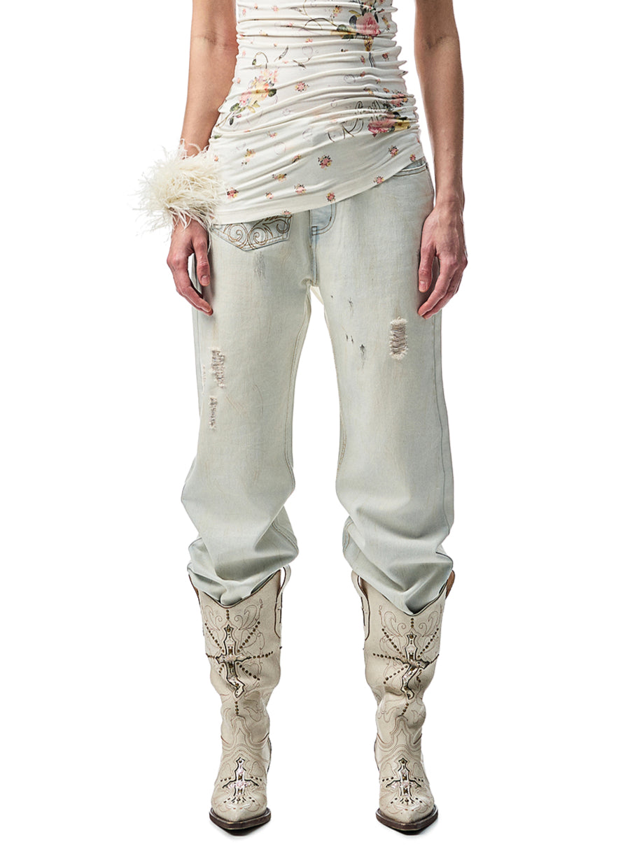 Light Blue Mud - Dyed Floral Embroidered Jeans