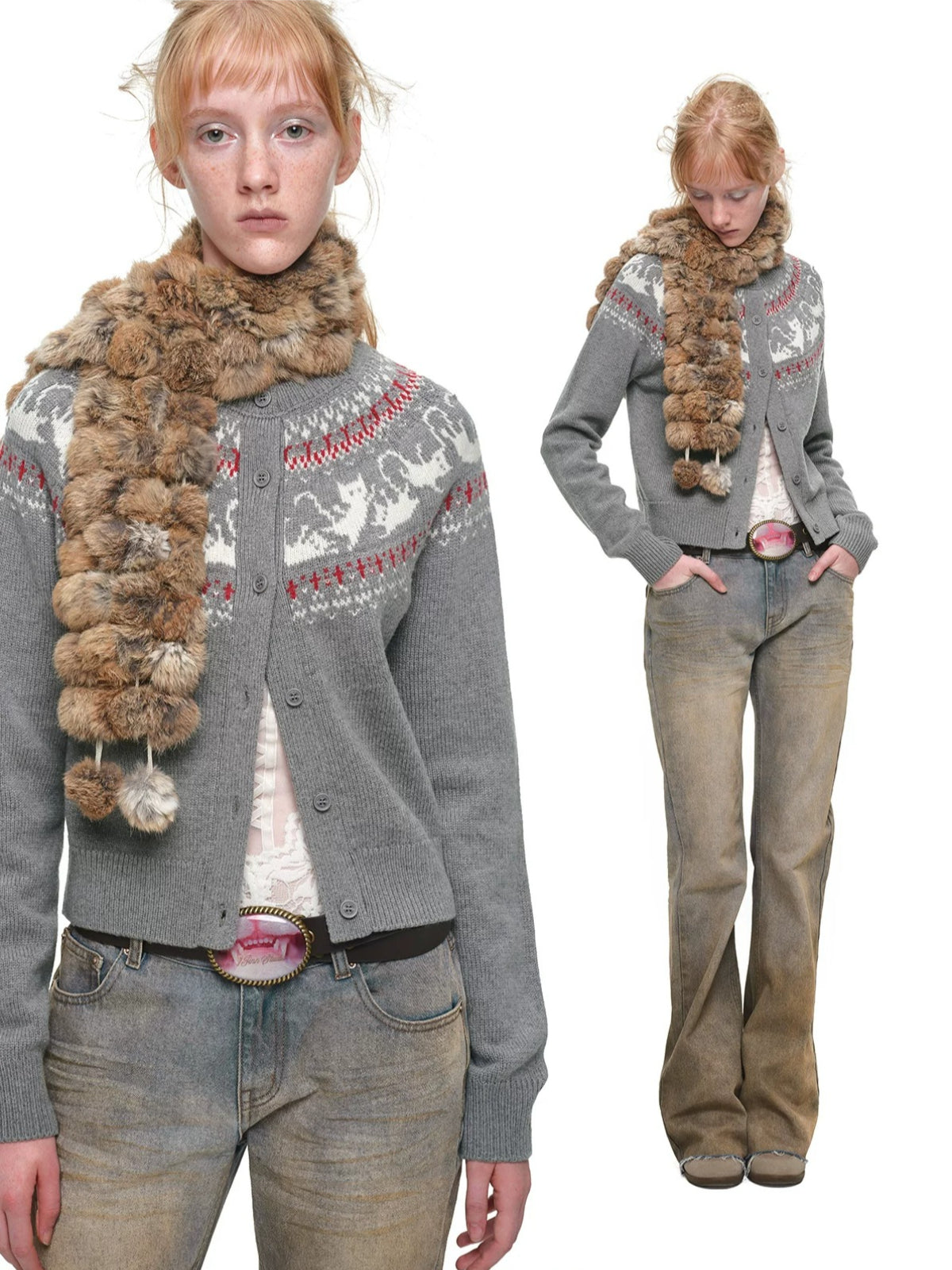 Fair Isle Cat Crewneck Cardigan